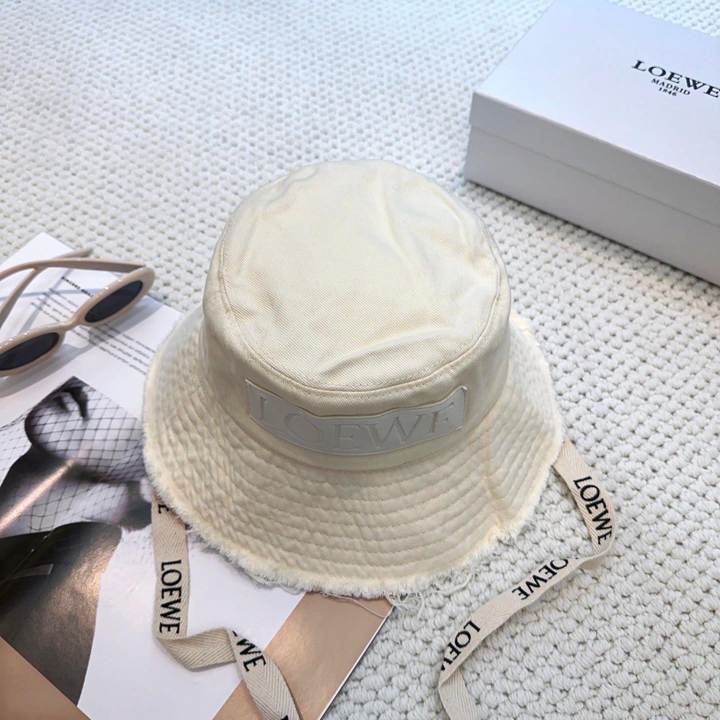 Ivory Quilted Bucket Hat with Frayed Brim and Woven Chin Strap