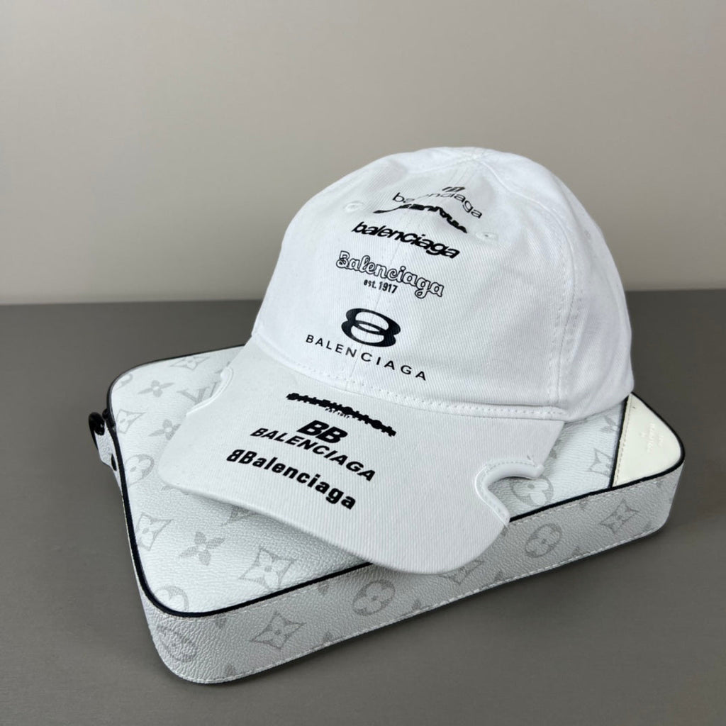 White cotton multi‑logo embroidery cap with sculpted brim