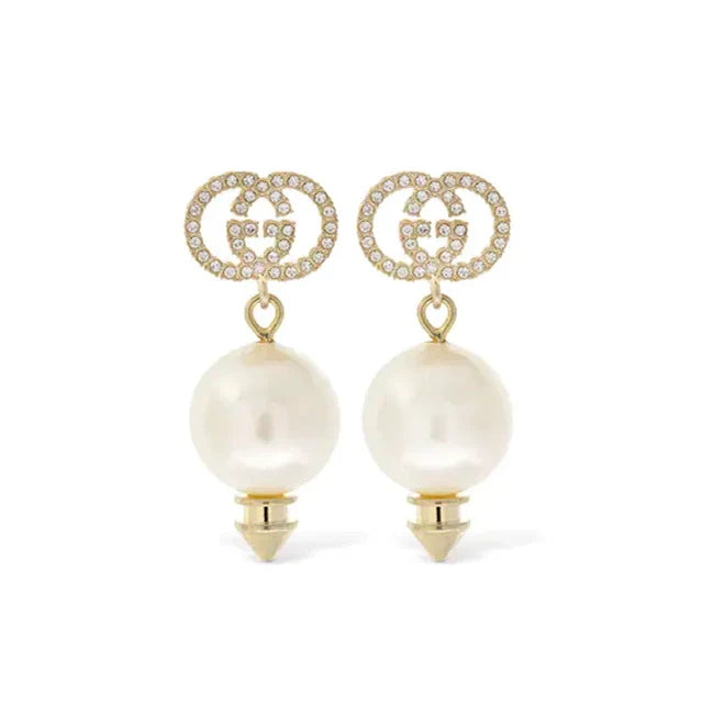 18K Double Gucci Pearl Pendant Earrings