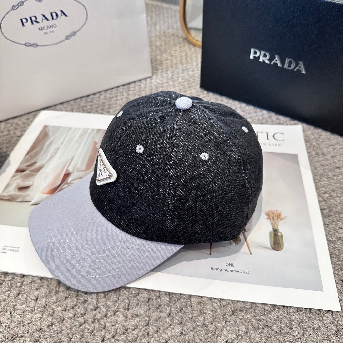 Two-Tone Denim Baseball Cap with Signature Triangle Emblem