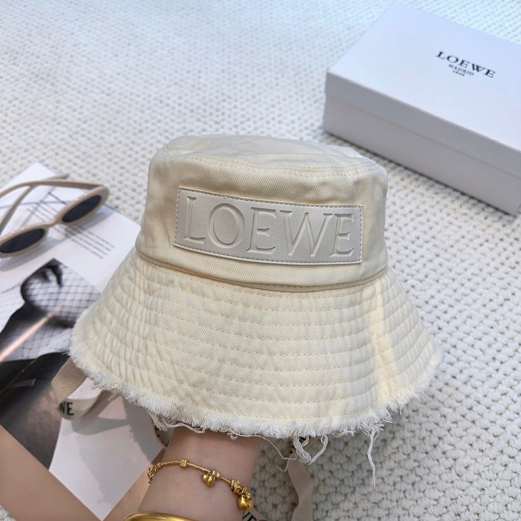Ivory Quilted Bucket Hat with Frayed Brim and Woven Chin Strap