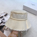 Ivory Quilted Bucket Hat with Frayed Brim and Woven Chin Strap