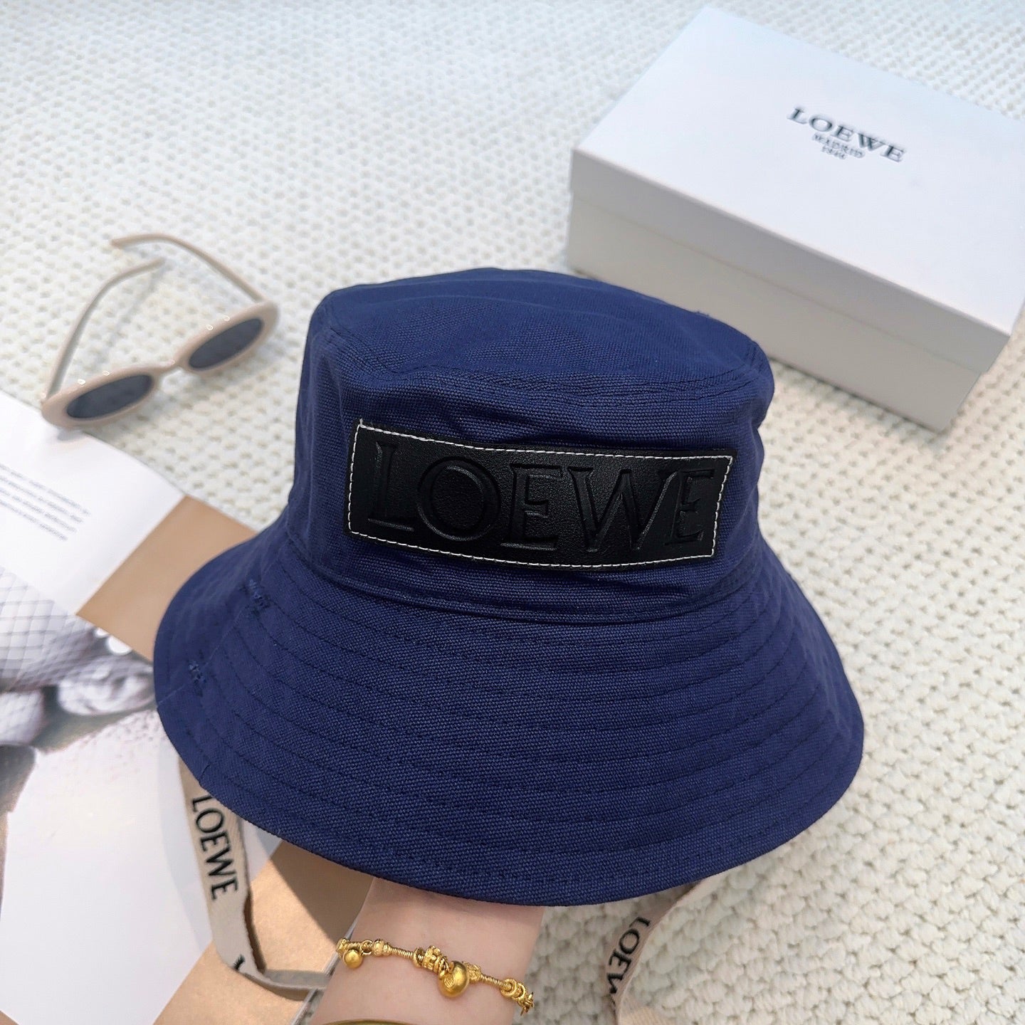 Navy Canvas Bucket Hat with Patch and Adjustable Strap