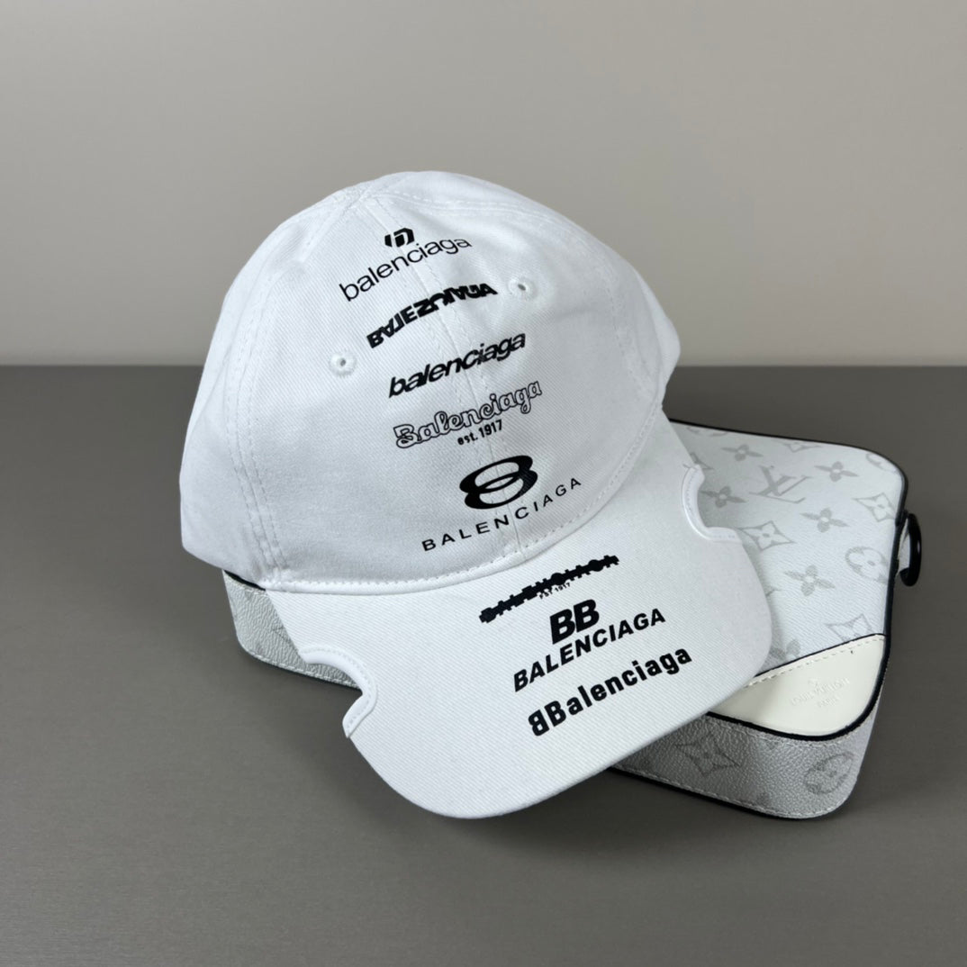 White cotton multi‑logo embroidery cap with sculpted brim