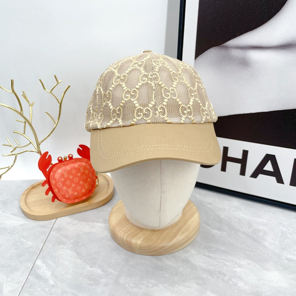 Beige monogram lace baseball cap with curved brim