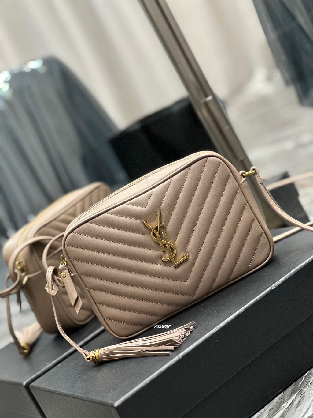 Quilted Leather Camera Bag with Tassel Detail