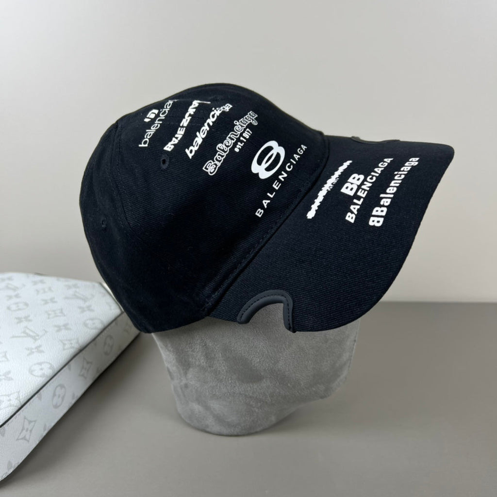 Black cotton multi‑logo embroidery cap with sculpted brim