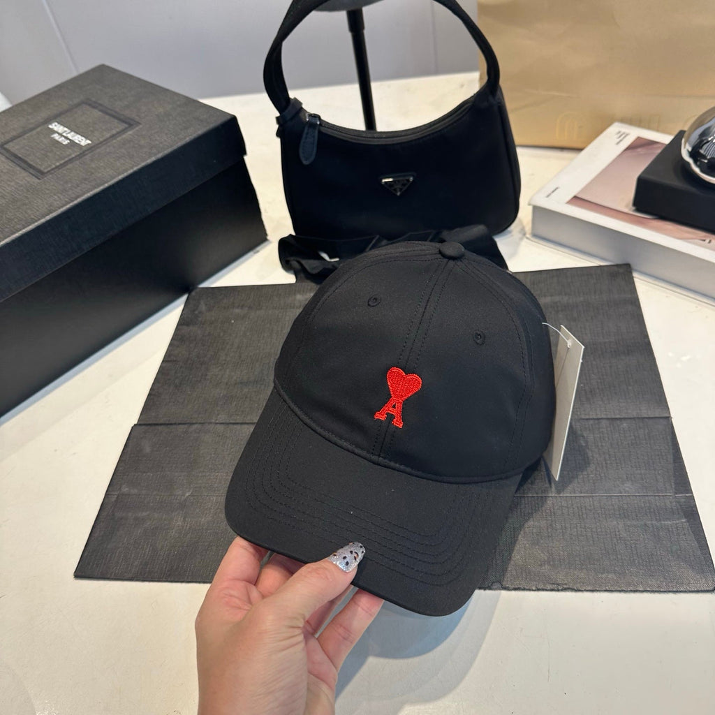 Heart Embroidered Cotton Baseball Cap — Black