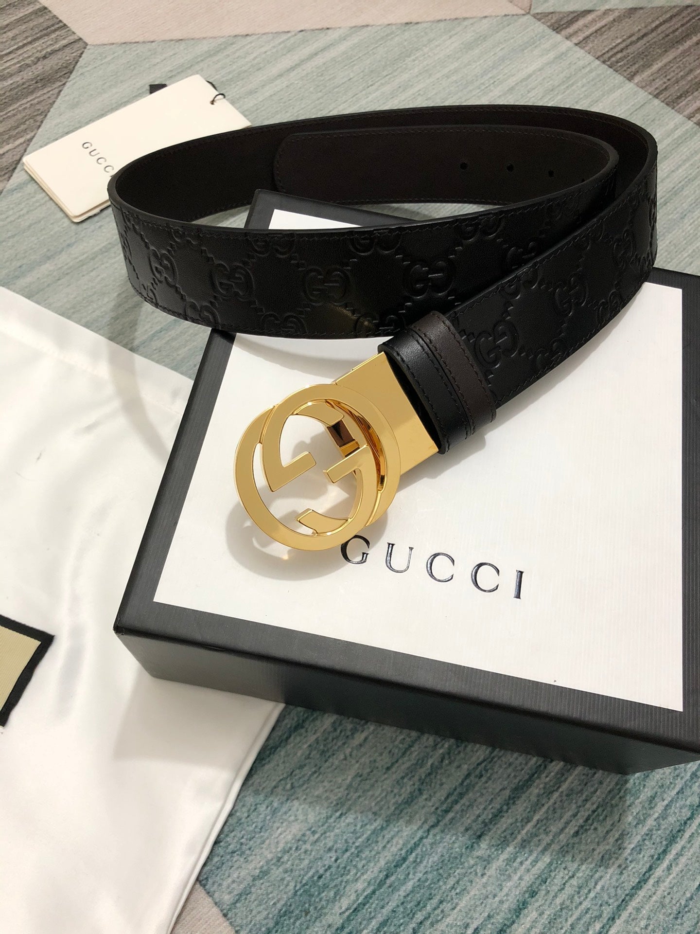 Black Leather Belt with Gold-Tone Buckle