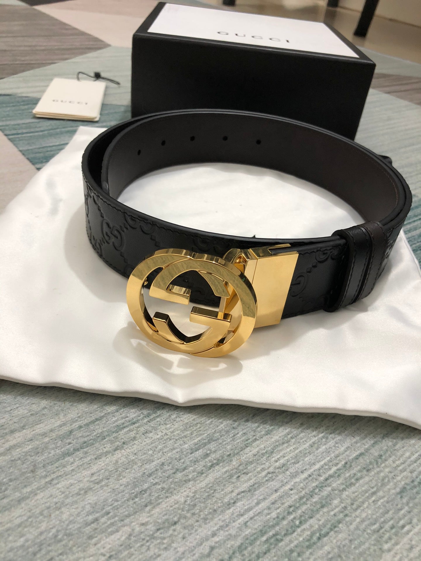 Black Leather Belt with Gold-Tone Buckle