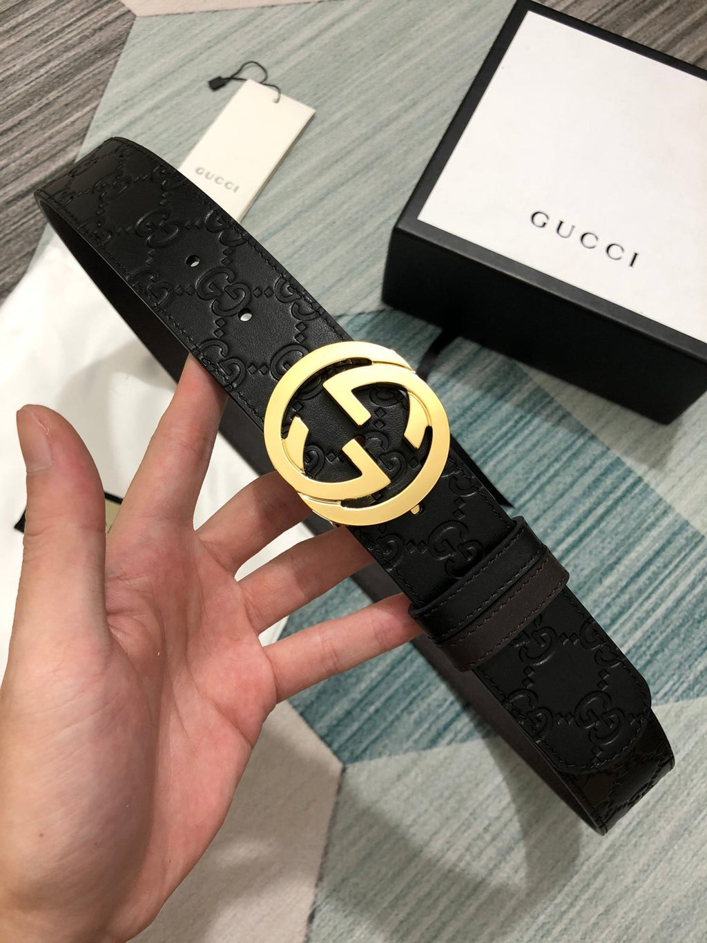 Black Leather Belt with Gold-Tone Buckle