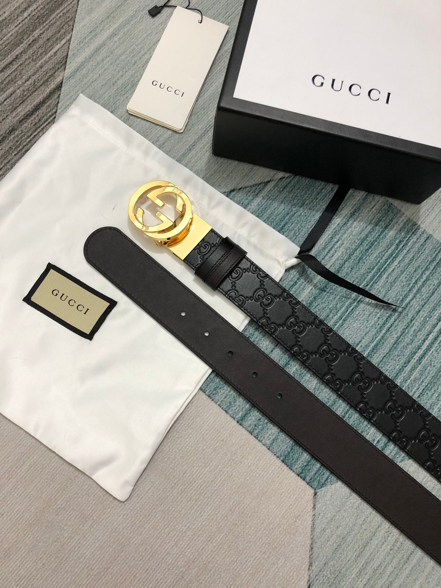 Black Leather Belt with Gold-Tone Buckle