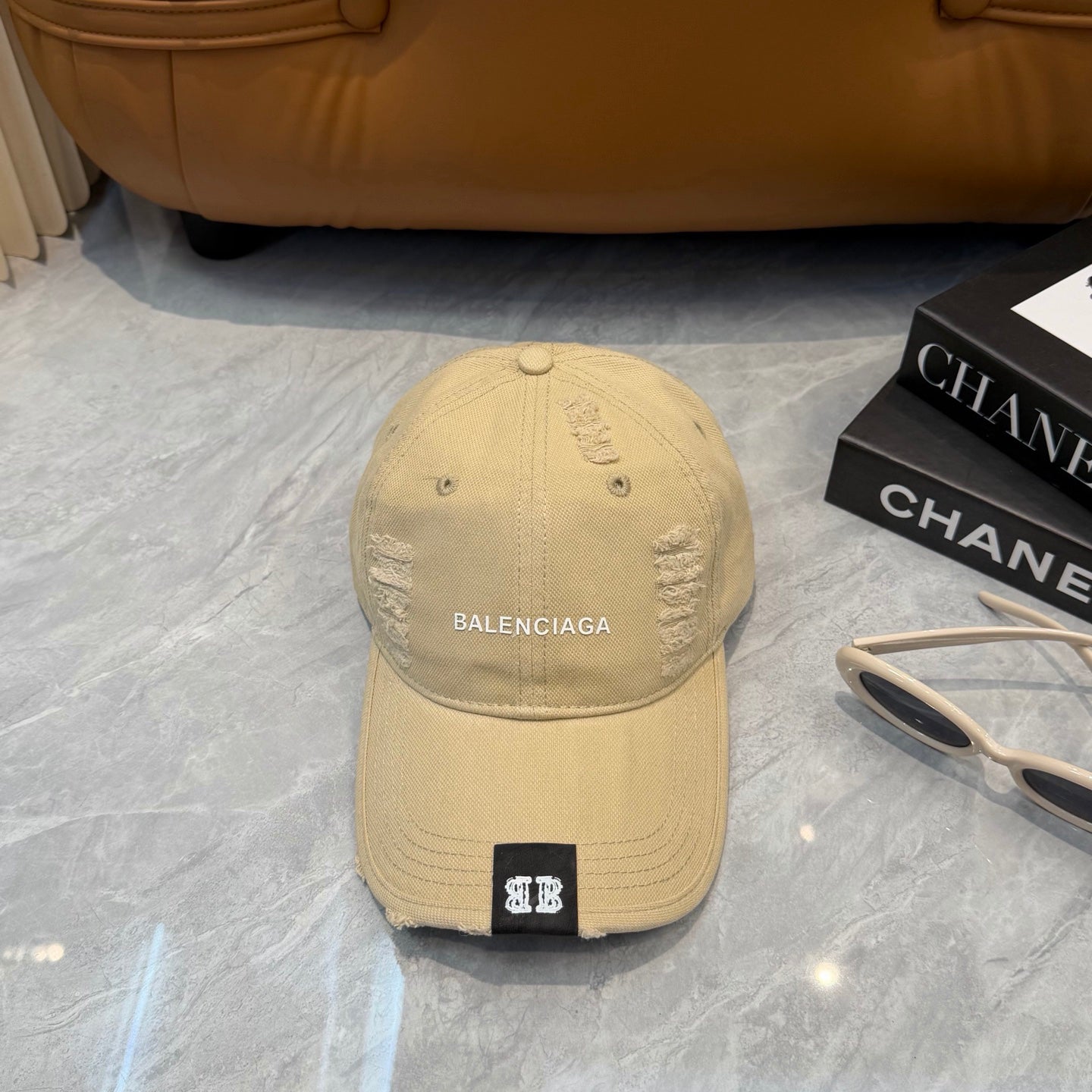 Minimalist Distressed Baseball Cap in Beige