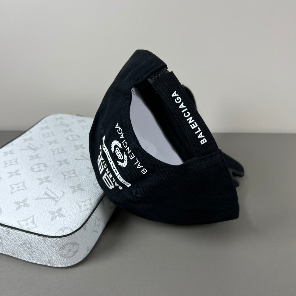 Black cotton multi‑logo embroidery cap with sculpted brim