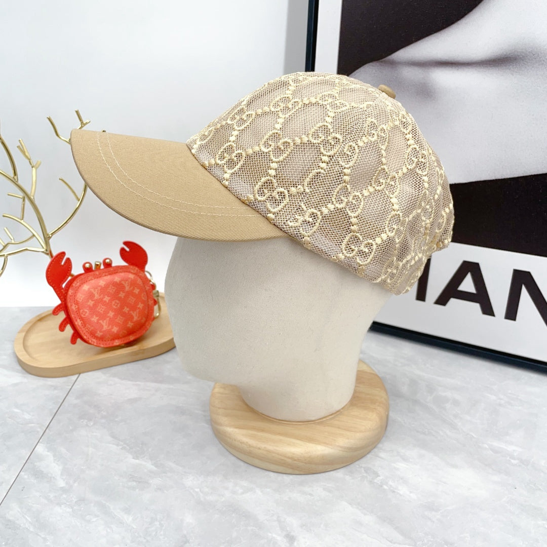 Beige monogram lace baseball cap with curved brim