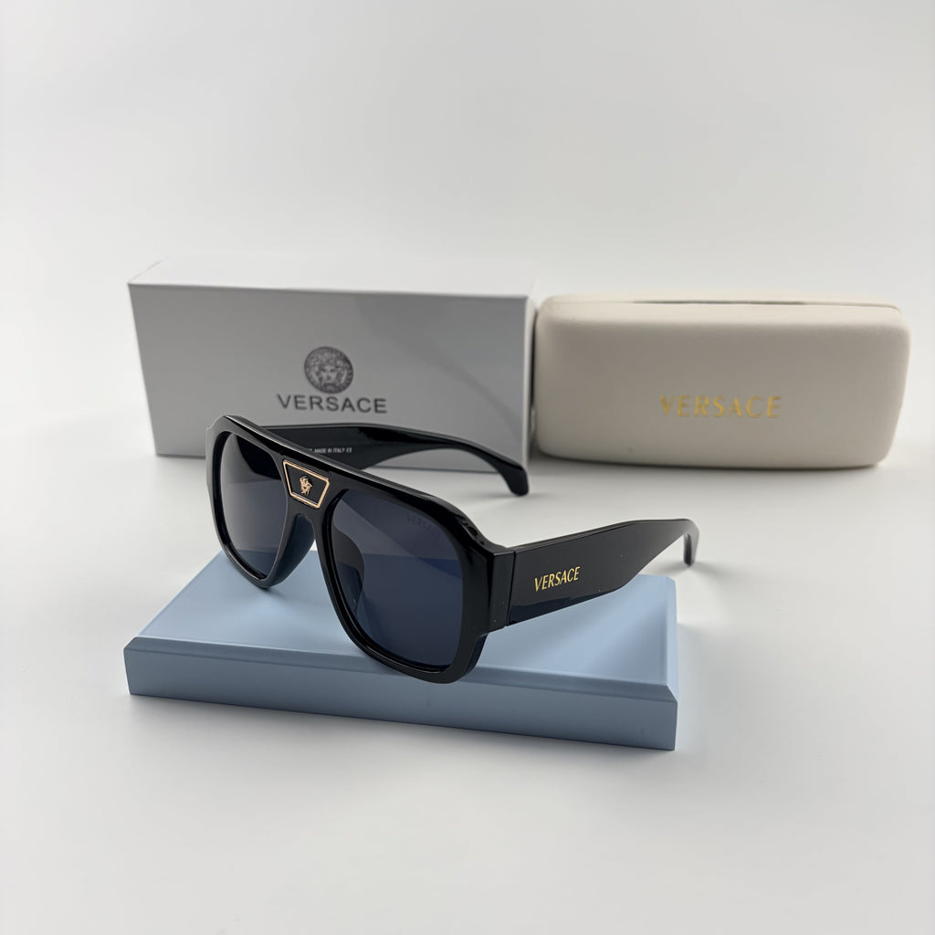 Premium Oversized Aviator Sunglasses - Gold Medusa Accent Black Frame