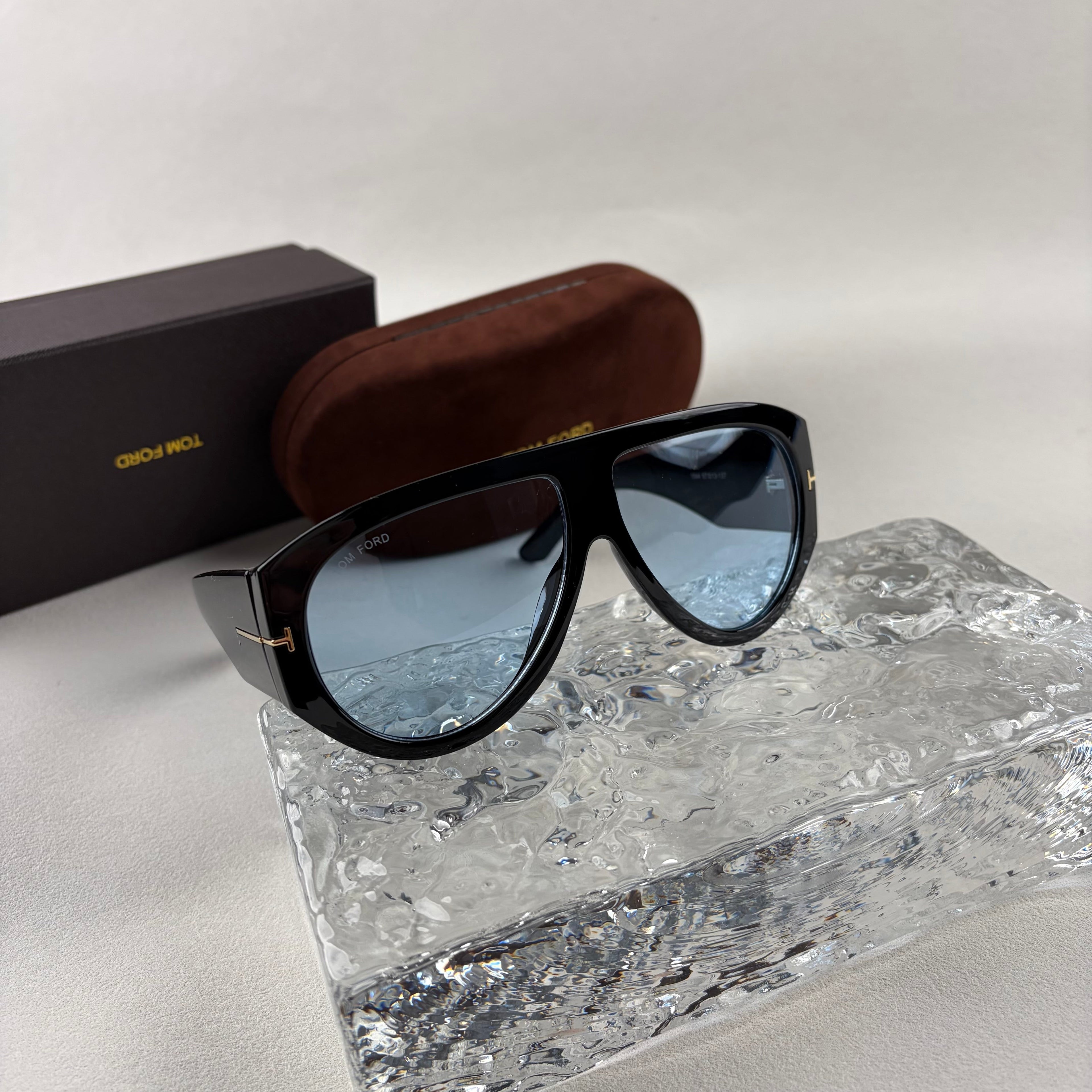 Modern Oversized Aviator Sunglasses, Glossy Black Frame & Blue Lens