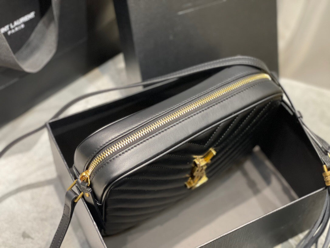 Quilted Leather Camera Bag with Gold-Tone Accents