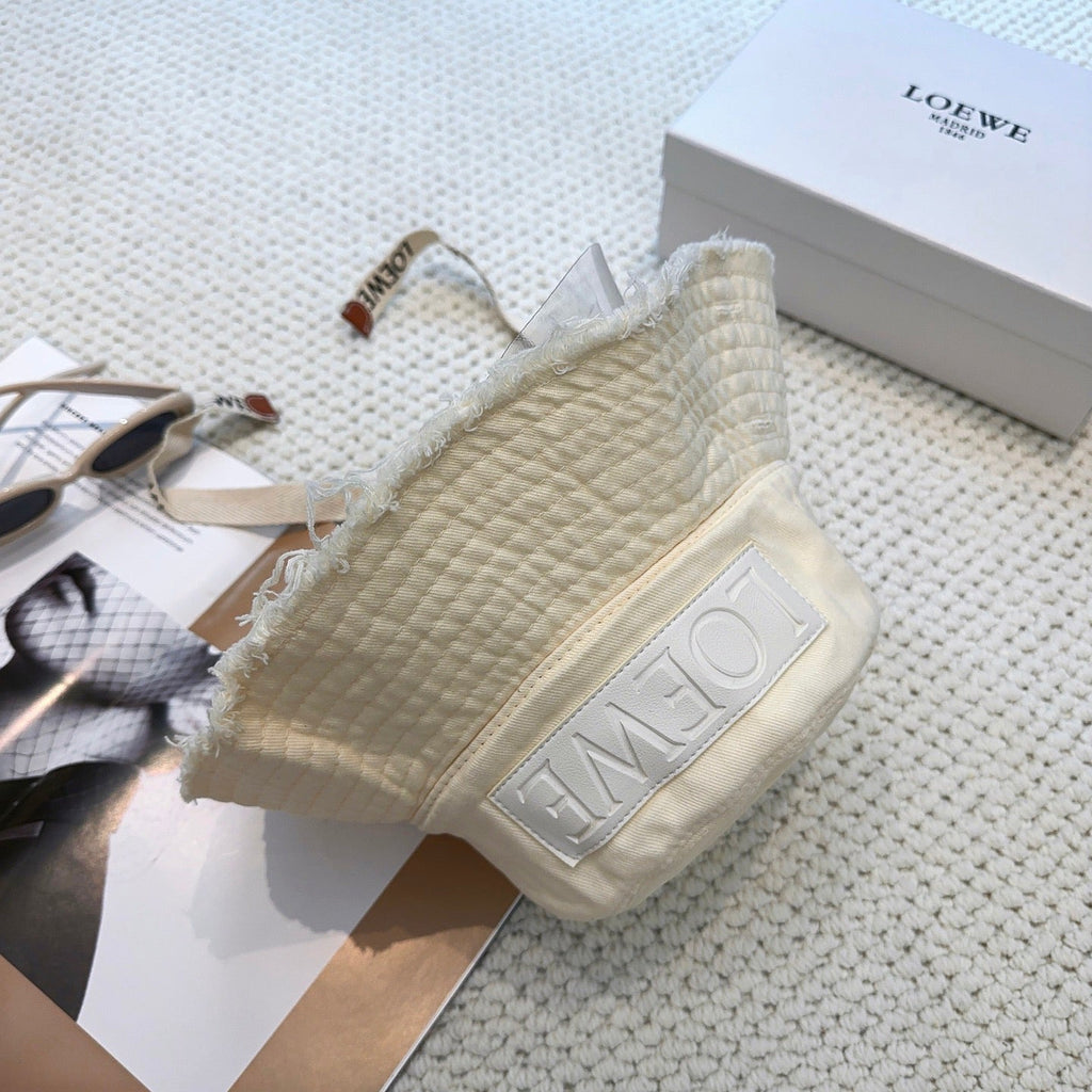 Ivory Quilted Bucket Hat with Frayed Brim and Woven Chin Strap