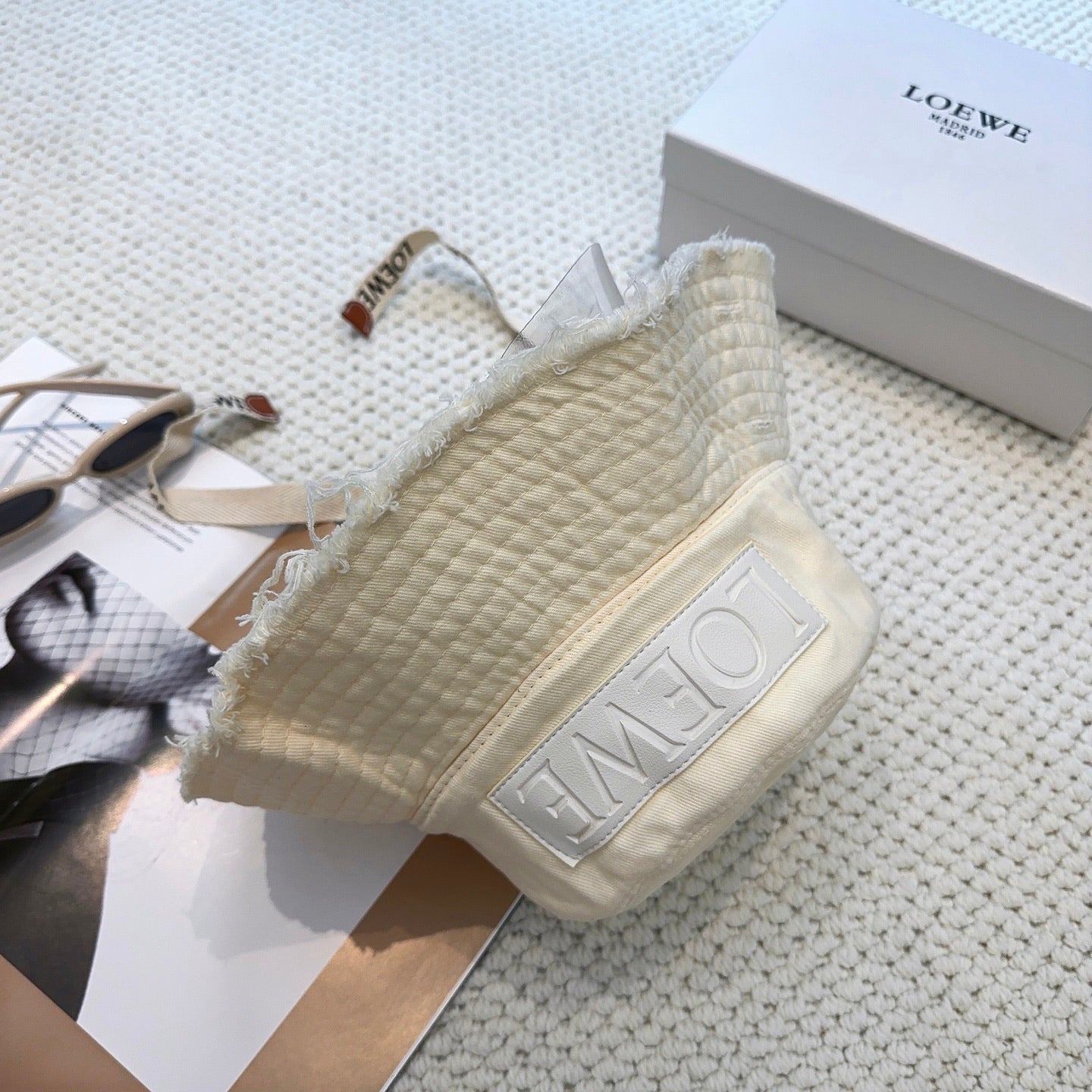 Ivory Quilted Bucket Hat with Frayed Brim and Woven Chin Strap