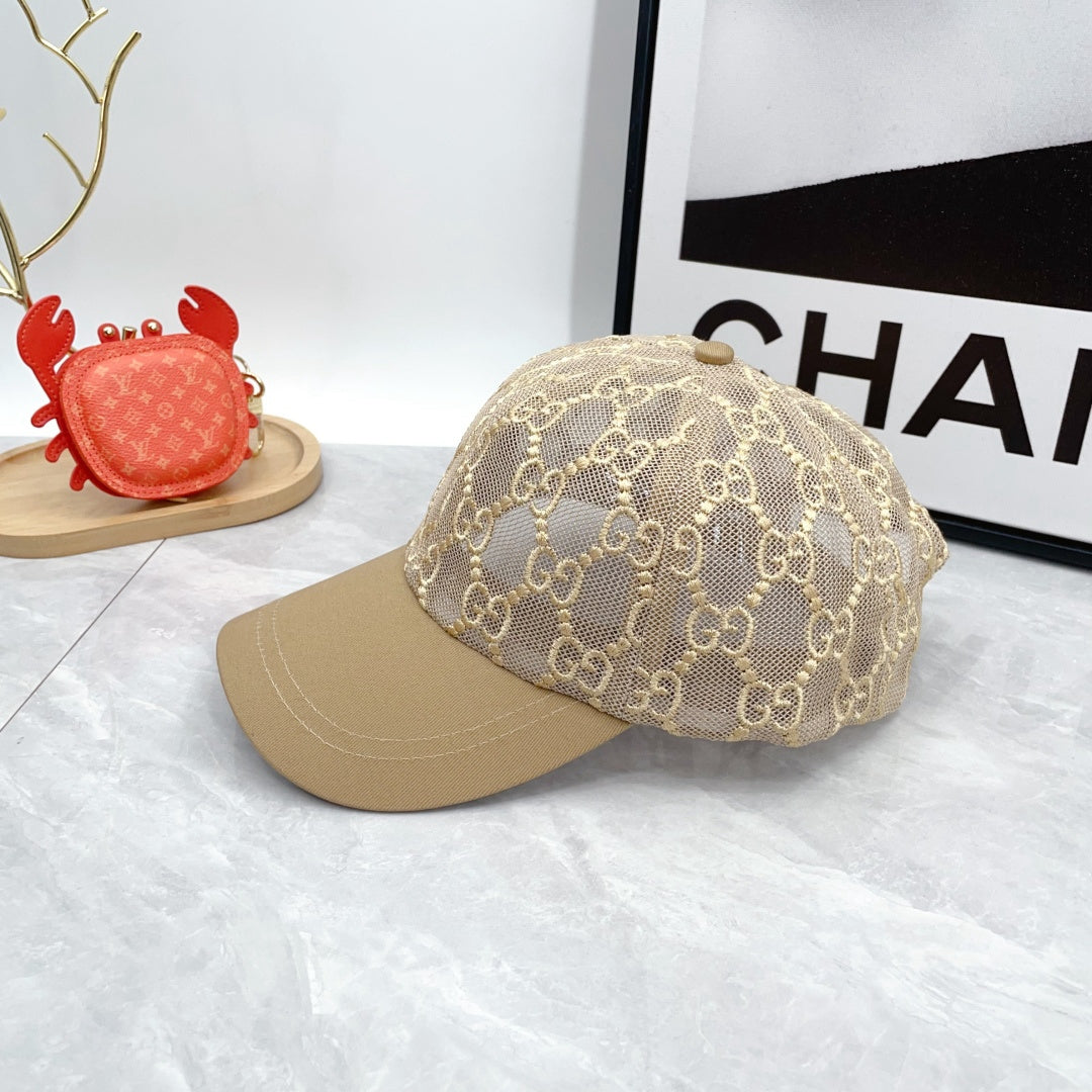 Beige monogram lace baseball cap with curved brim