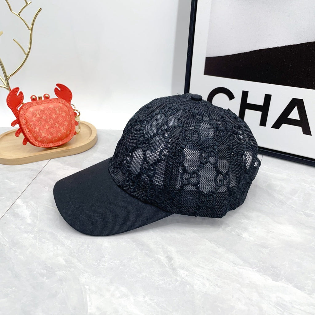 Black monogram lace baseball cap with curved brim