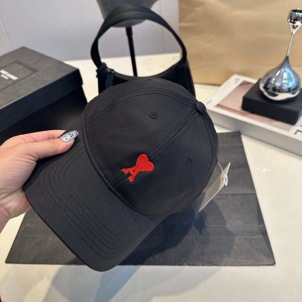 Heart Embroidered Cotton Baseball Cap — Black