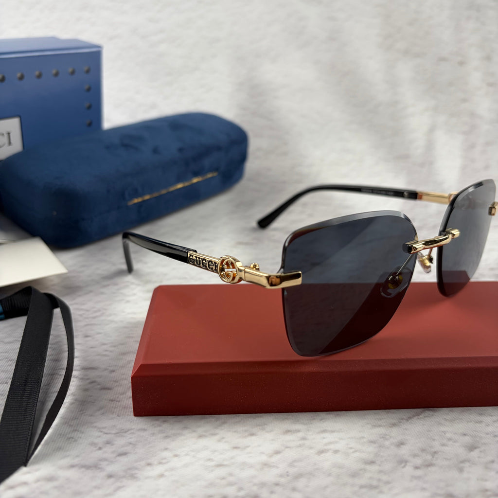 Rimless Rectangular Sunglasses with Gold-Tone Accents & UV Protection