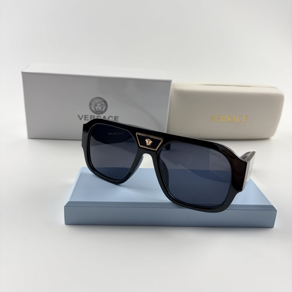 Premium Oversized Aviator Sunglasses - Gold Medusa Accent Black Frame