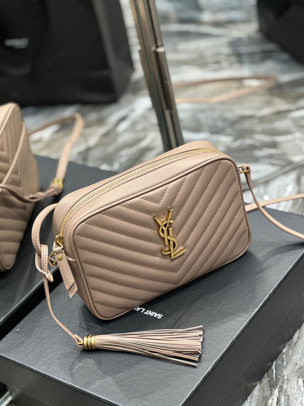Quilted Leather Camera Bag with Tassel Detail