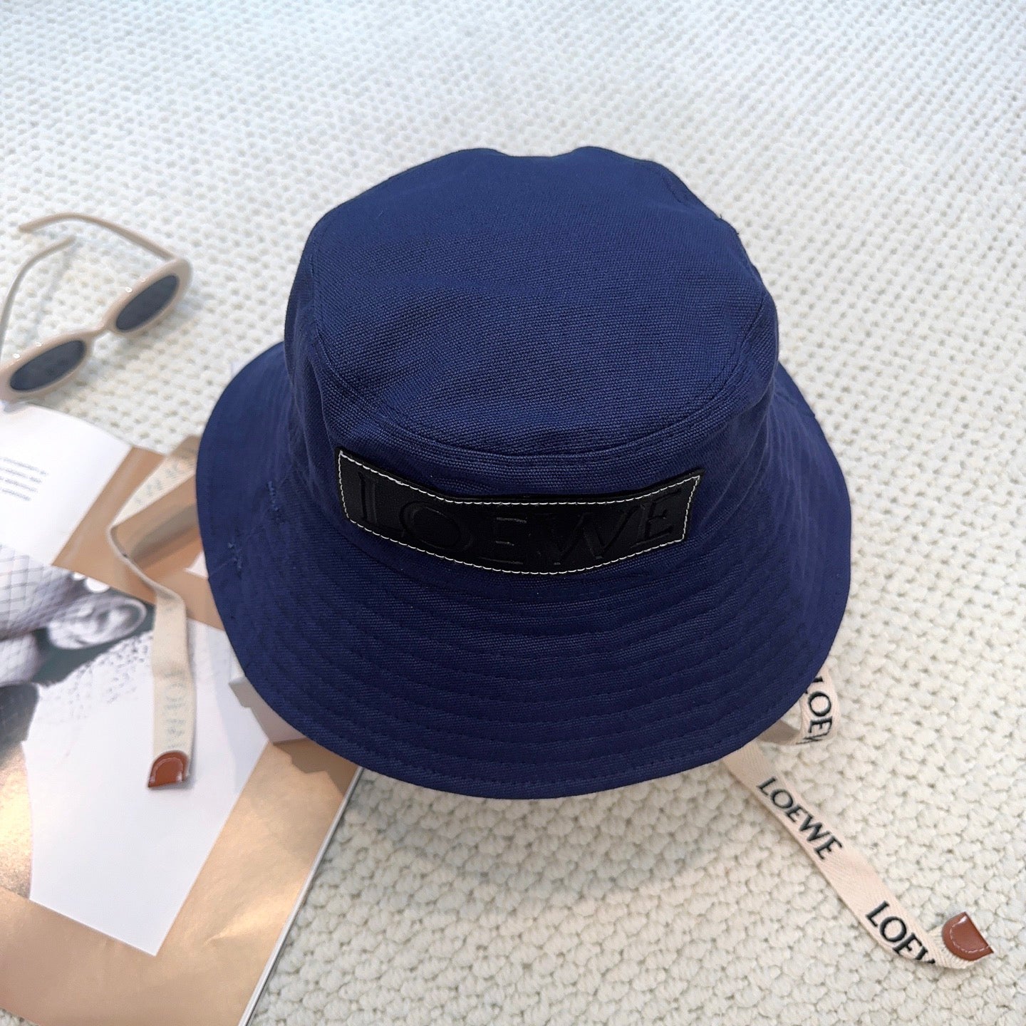 Navy Canvas Bucket Hat with Patch and Adjustable Strap