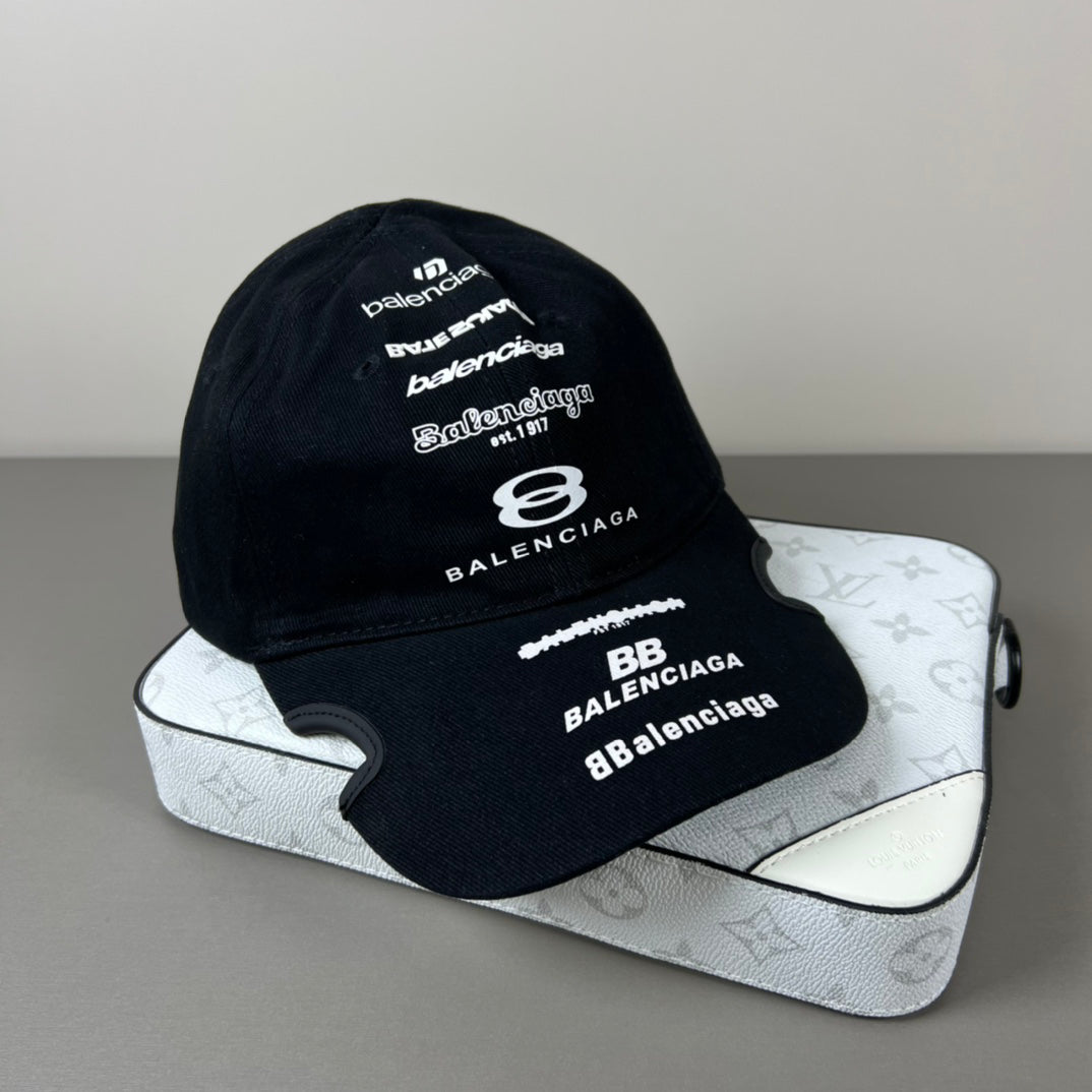 Black cotton multi‑logo embroidery cap with sculpted brim