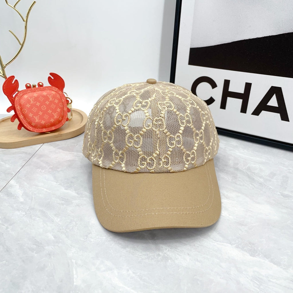 Beige monogram lace baseball cap with curved brim