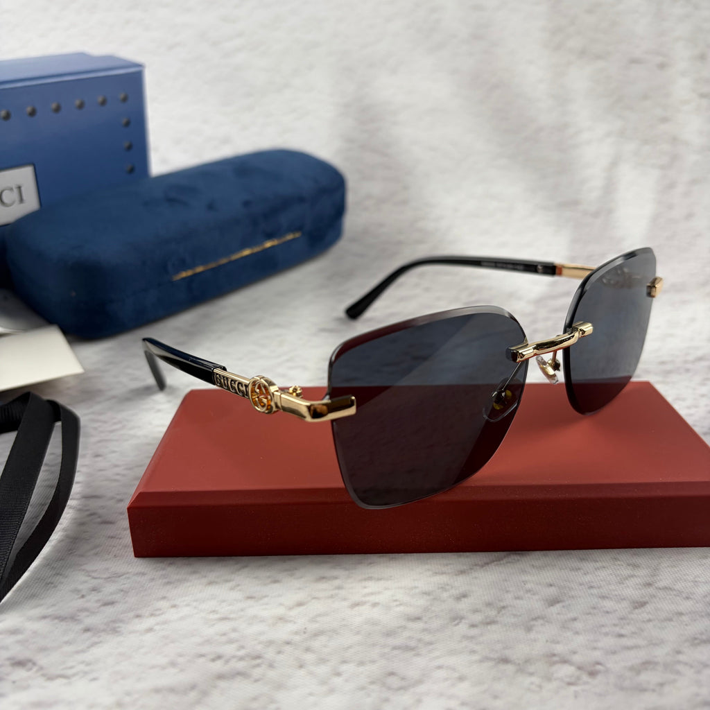 Rimless Rectangular Sunglasses with Gold-Tone Accents & UV Protection