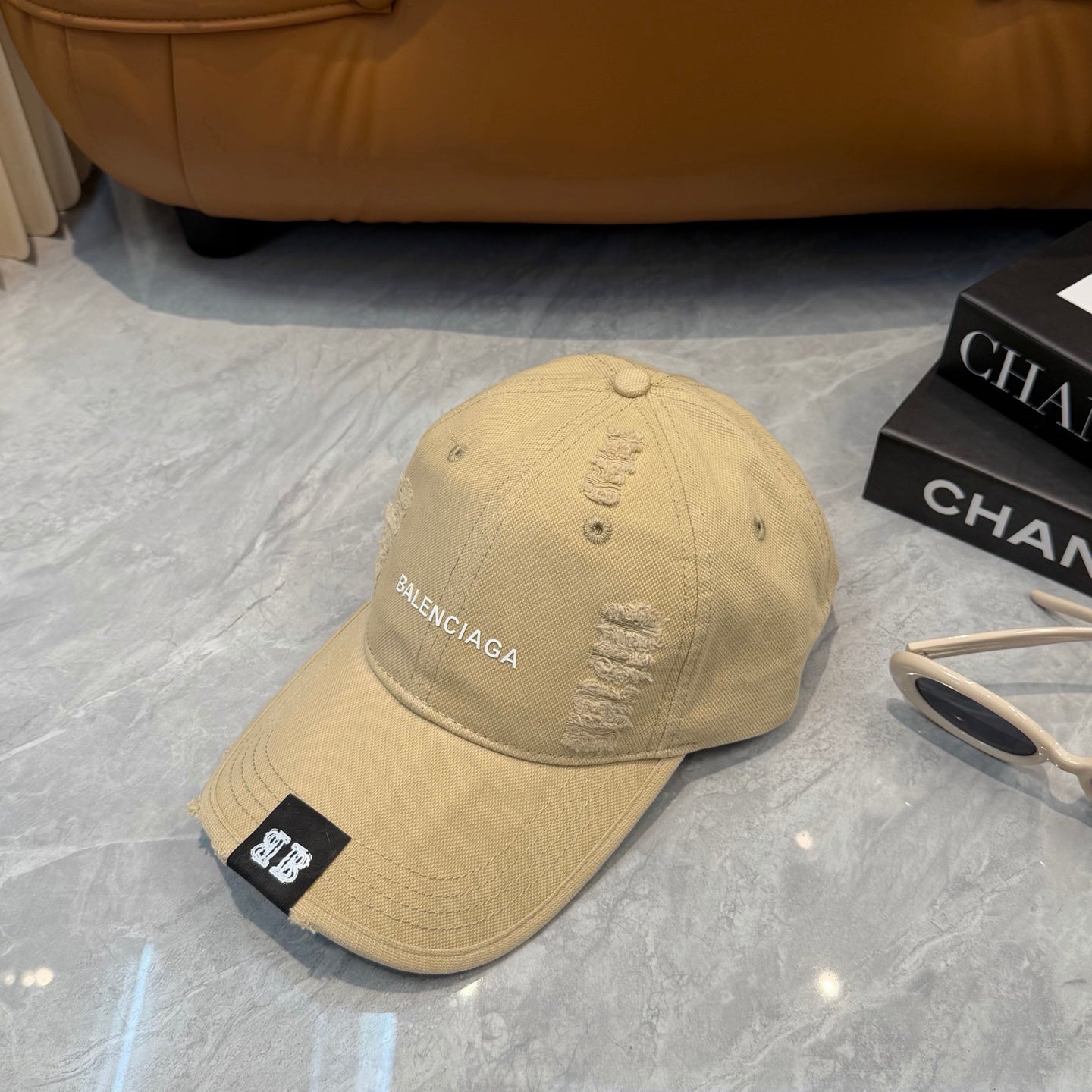 Minimalist Distressed Baseball Cap in Beige