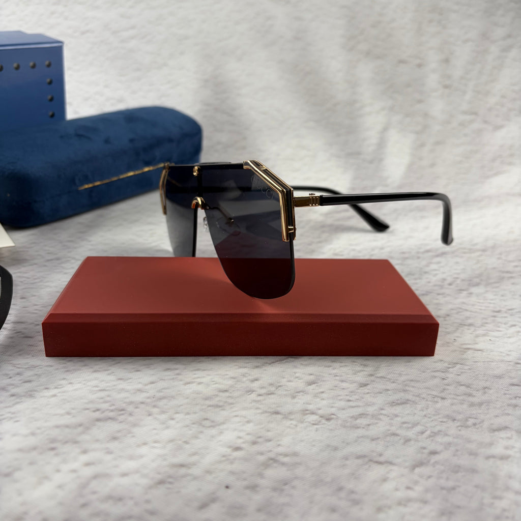Oversized Shield Sunglasses - Gold Metal Frame & Black Lens