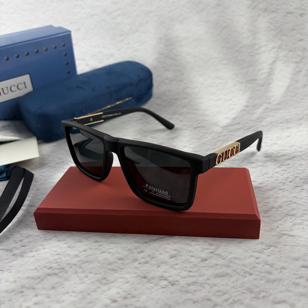 Classic Matte Black Polarized Sunglasses with Gold Accent Temples