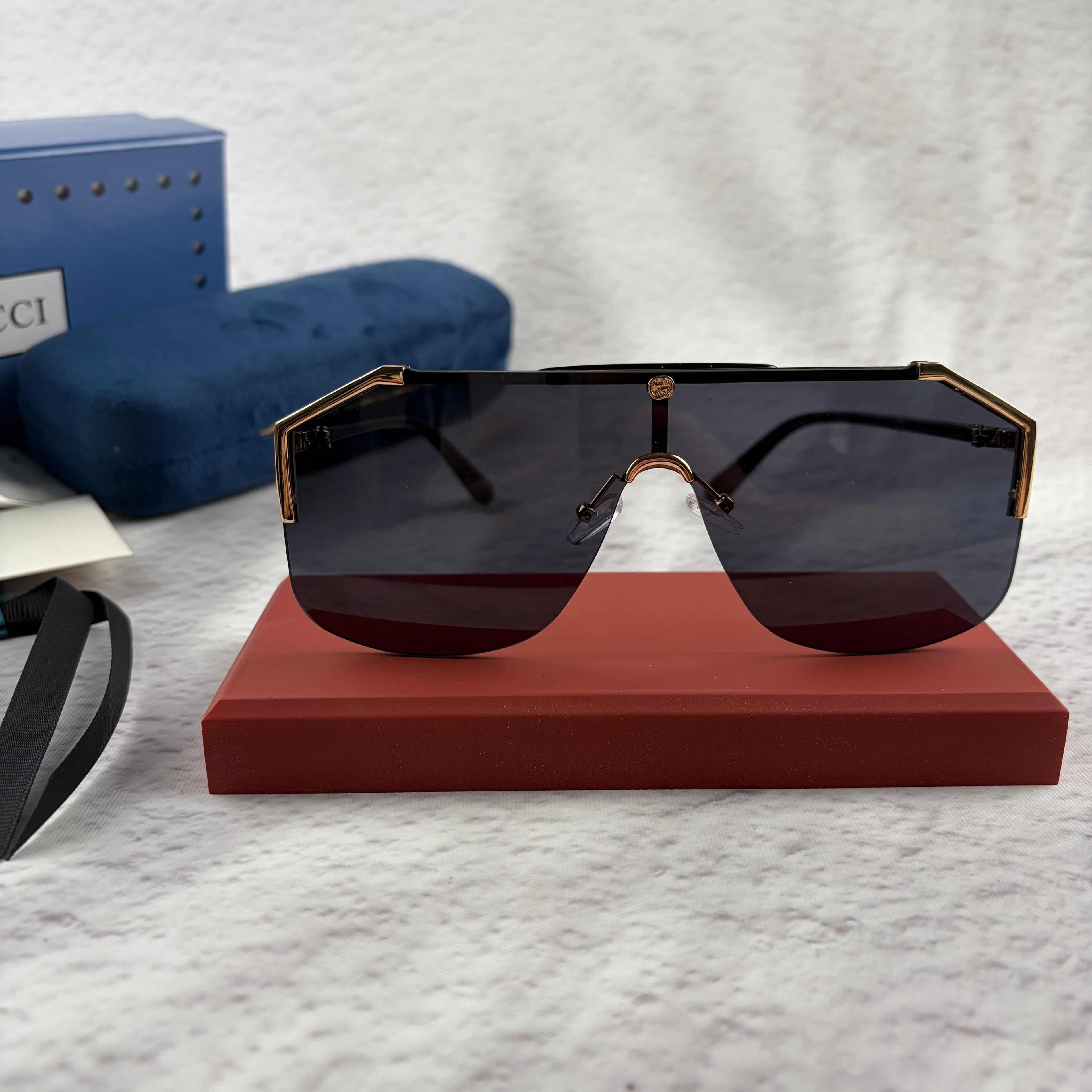 Oversized Shield Sunglasses - Gold Metal Frame & Black Lens