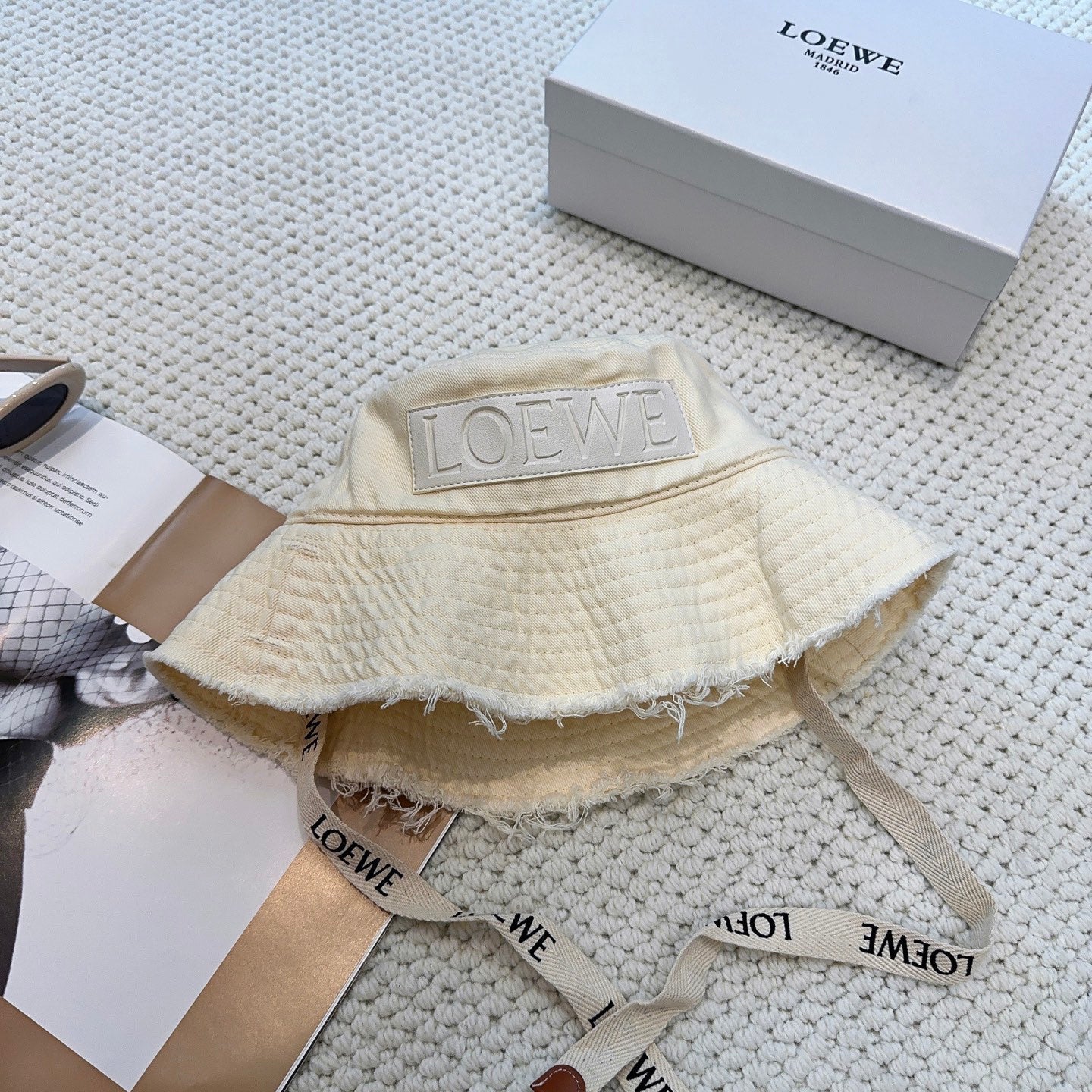 Ivory Quilted Bucket Hat with Frayed Brim and Woven Chin Strap