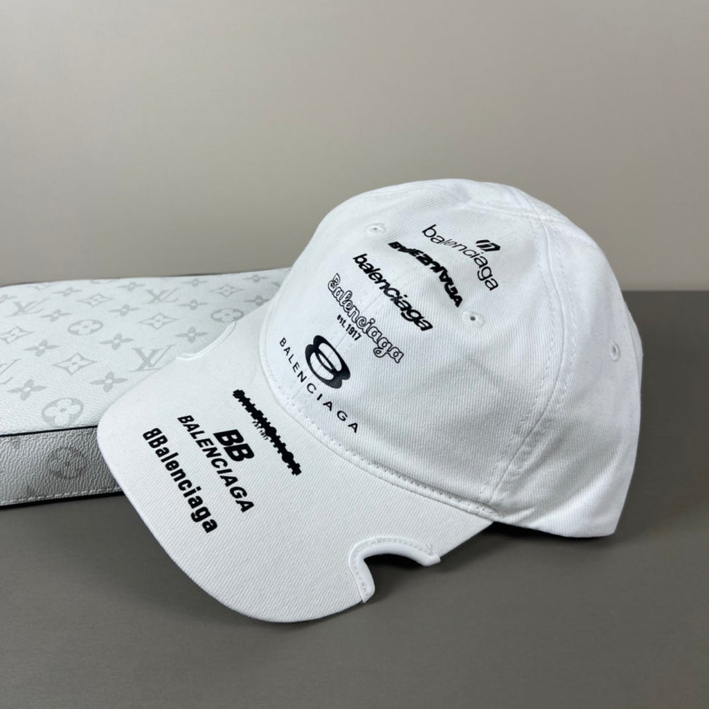 White cotton multi‑logo embroidery cap with sculpted brim