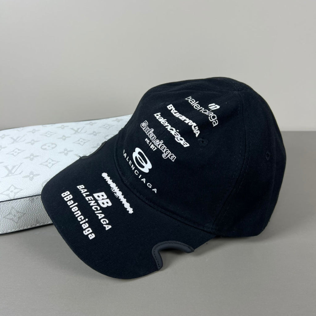 Black cotton multi‑logo embroidery cap with sculpted brim