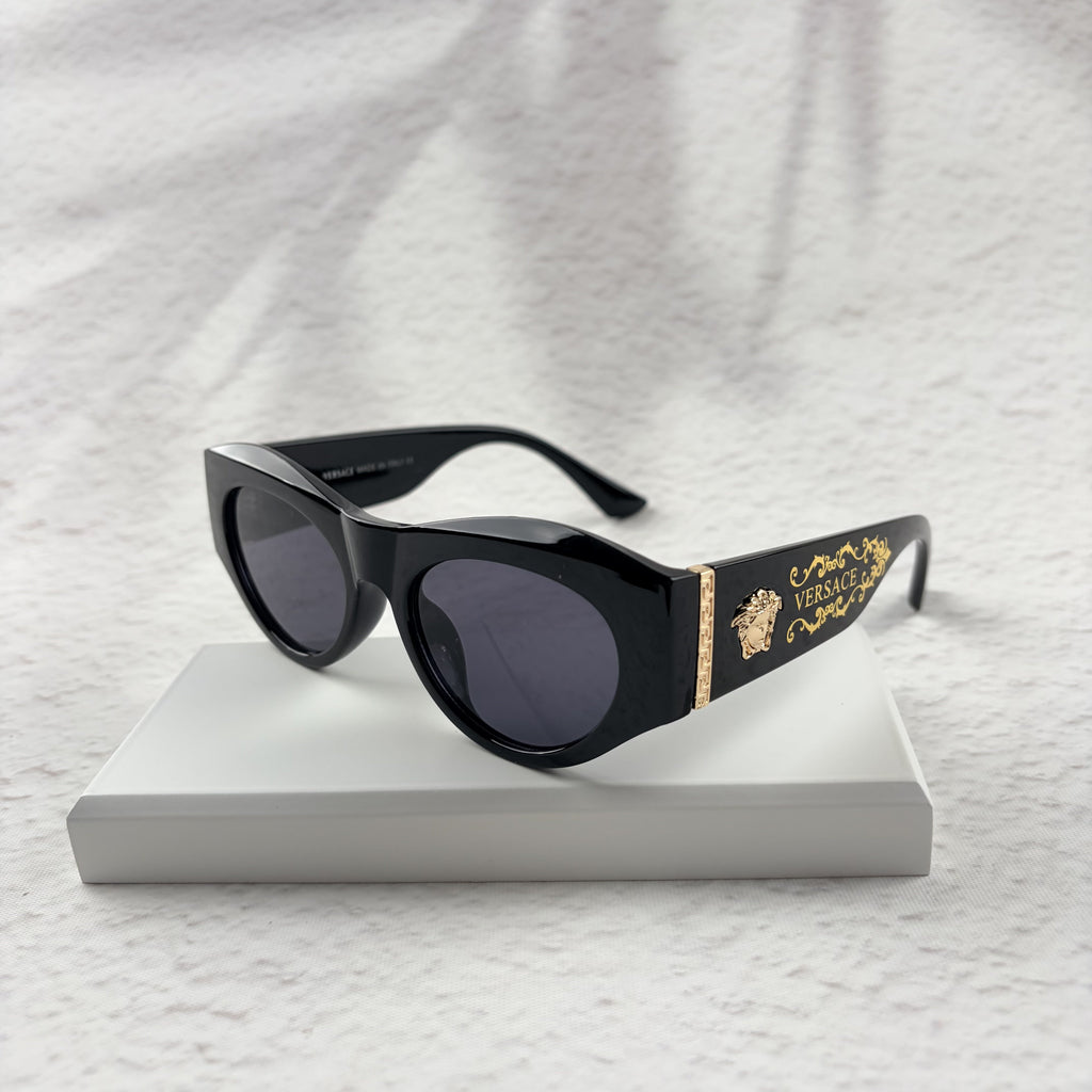 Classic Black Cat-Eye Sunglasses with Gold Baroque Temples