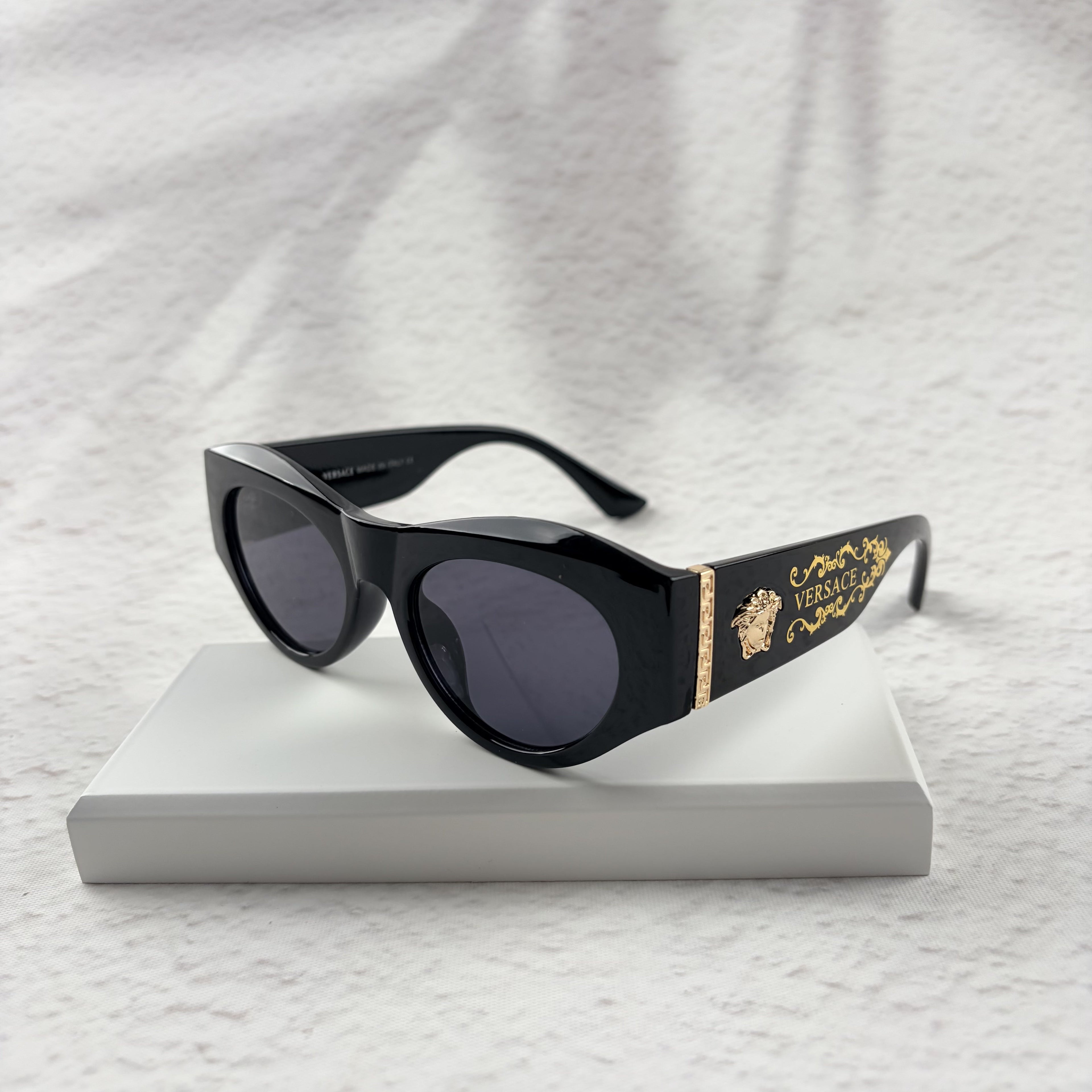 Classic Black Cat-Eye Sunglasses with Gold Baroque Temples