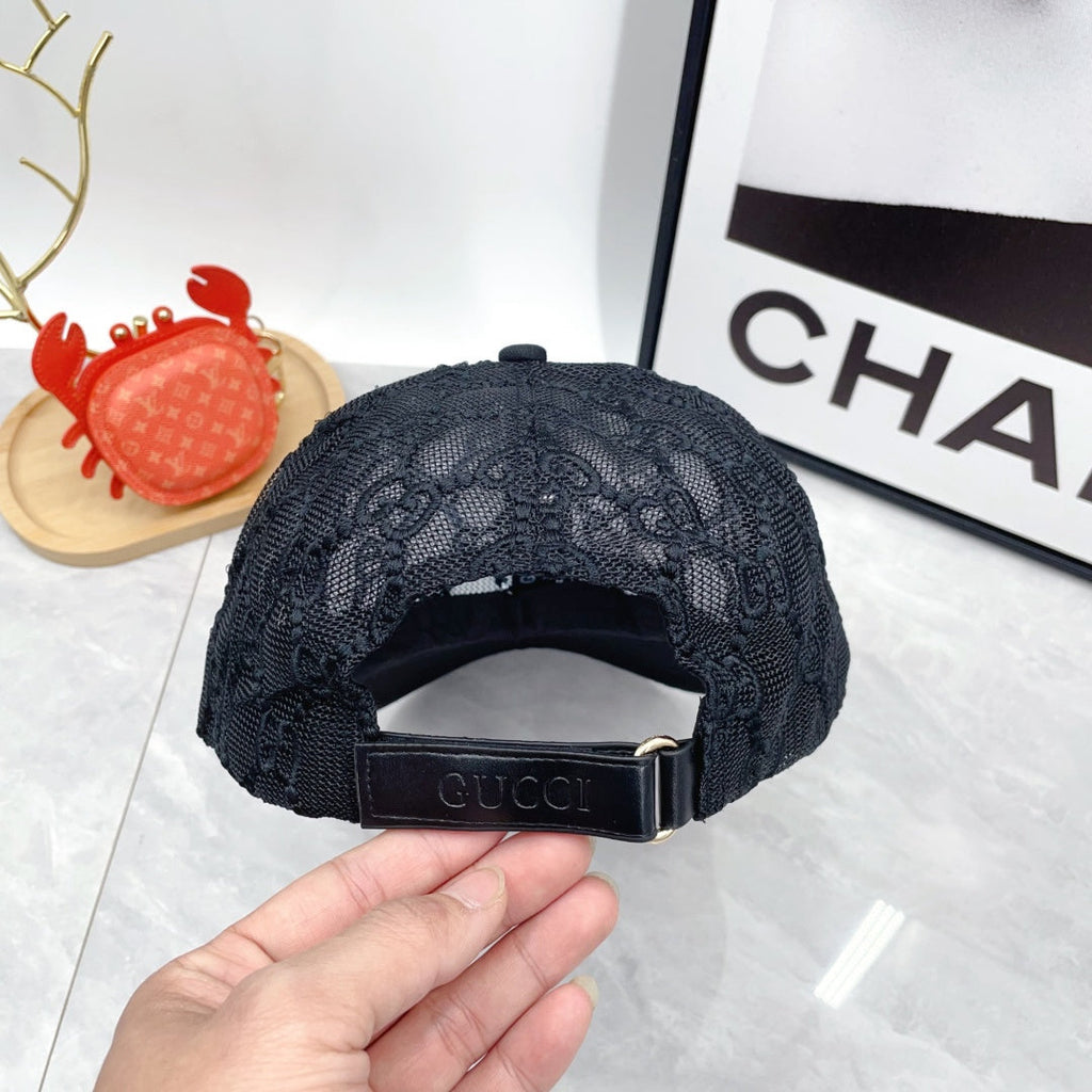Black monogram lace baseball cap with curved brim