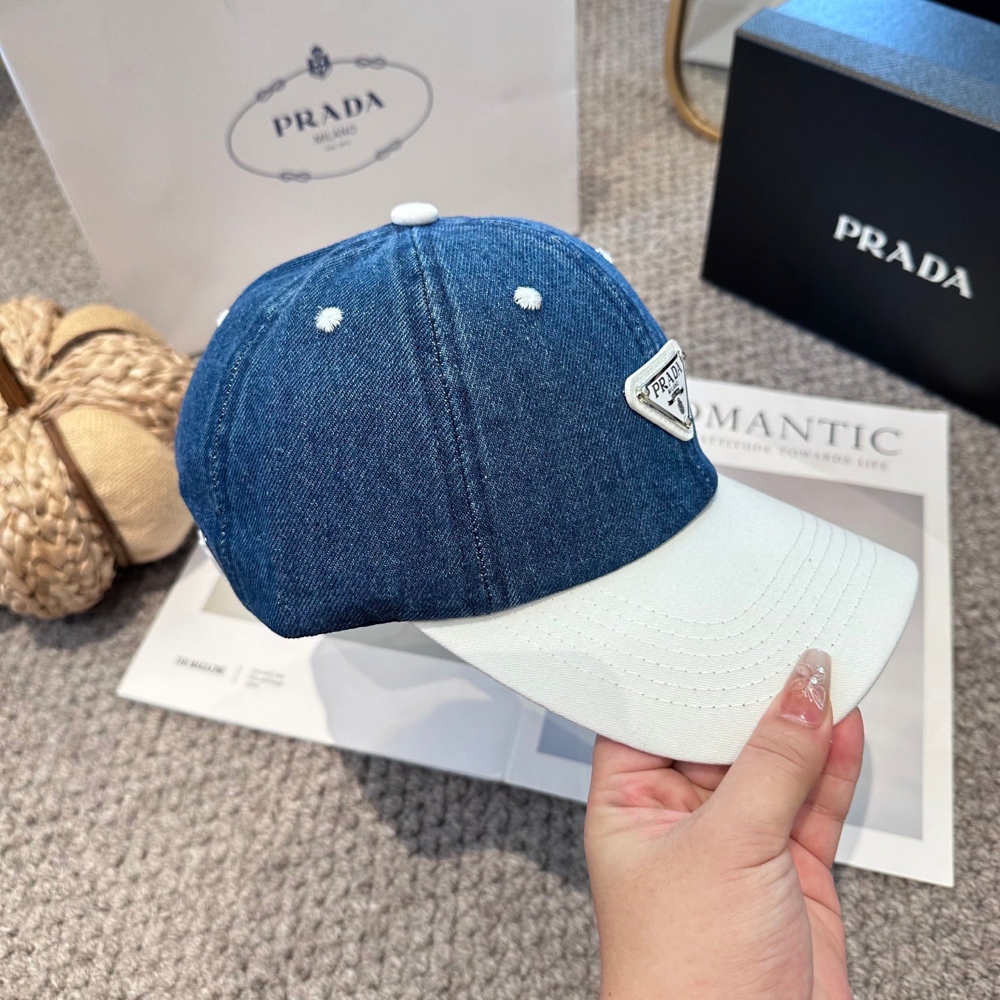 Two-Tone Denim Baseball Cap with Signature Geometric Logo Patch