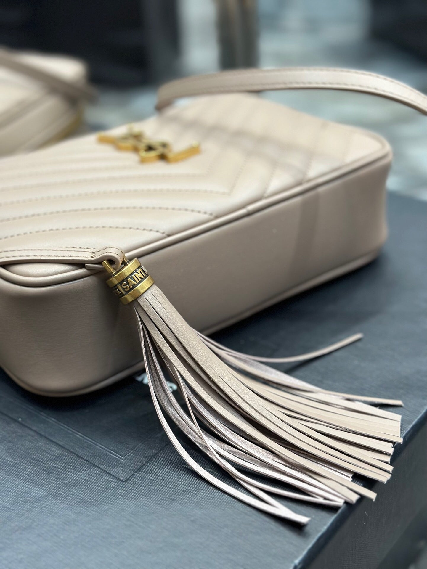 Quilted Leather Camera Bag with Tassel Detail