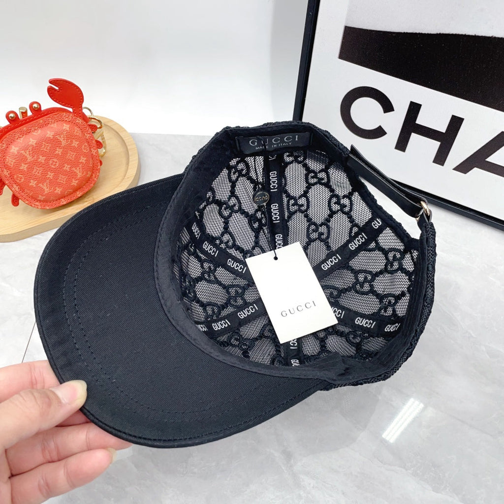 Black monogram lace baseball cap with curved brim