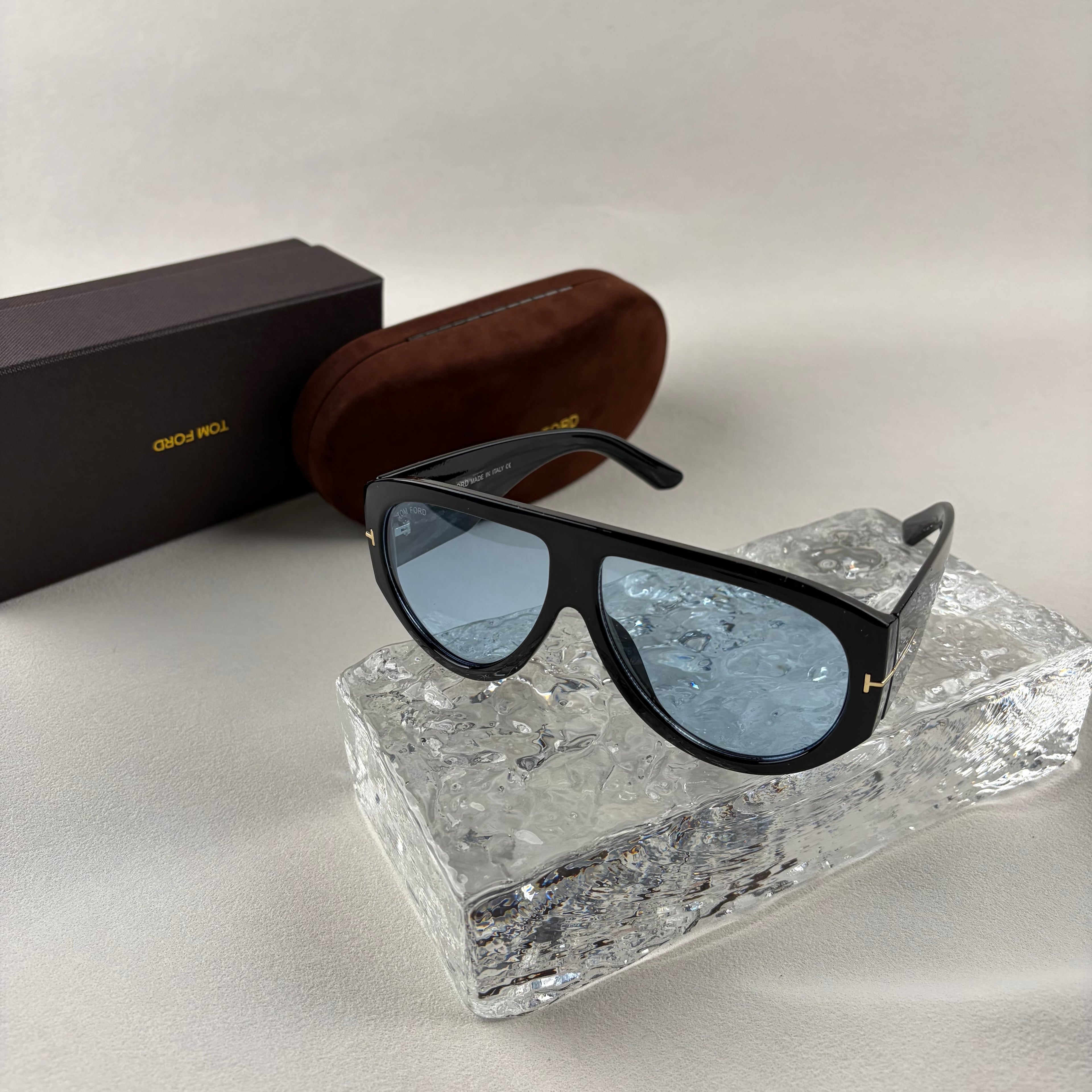 Modern Oversized Aviator Sunglasses, Glossy Black Frame & Blue Lens