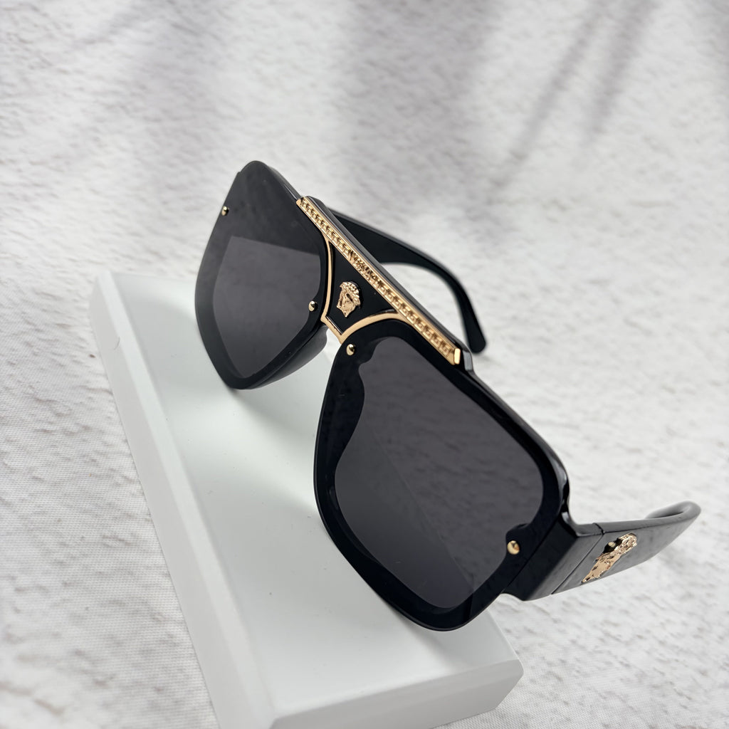 Oversized Flat-Top Sunglasses - Luxury Gold-Accent Shield Shades