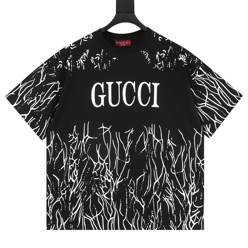 GUCCI 2026 New Arrival: All-Over Digital Print Short-Sleeve T-Shirt featuring Branch-Motif Lettering Logo